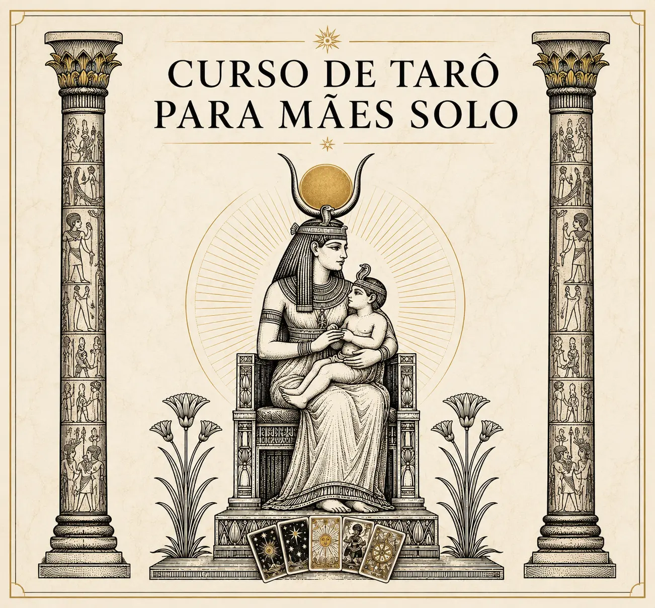 Capa do Curso de Tarô para Mães Solo, com representação de Ísis acolhendo uma criança