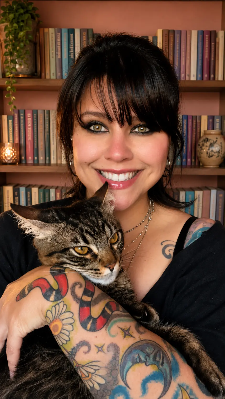 Fernanda Acosta sorrindo e segurando seu gato